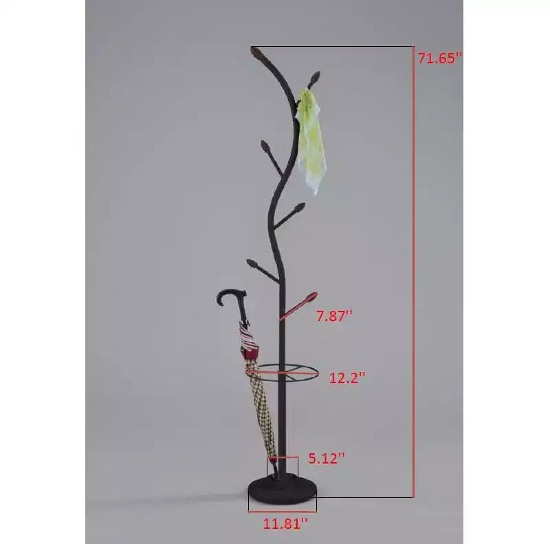 Appendiabiti da terra "ad albero" in metallo nero con portaombrelli, 6 ganci