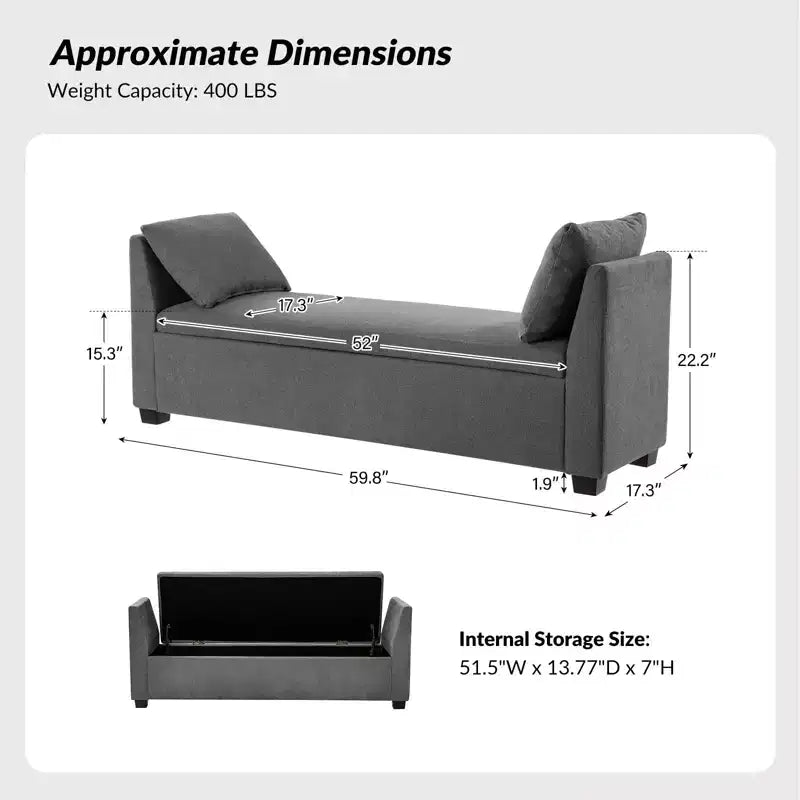 Panca contenitore imbottita con cuscini, 1 persona, color carbone/grigio/avorio