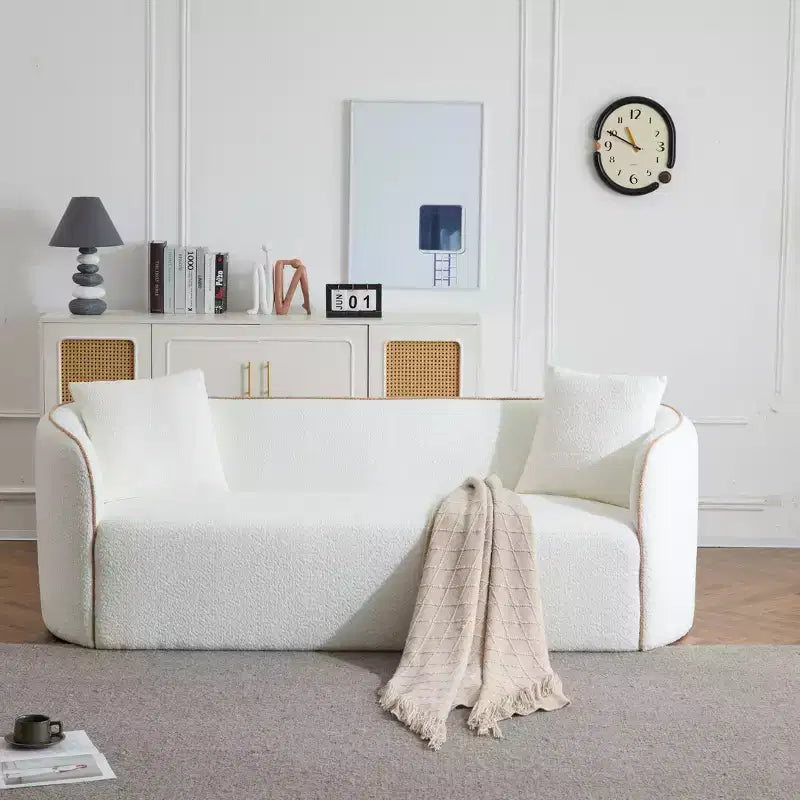 Divano Curvo Bouclé Beige/Bianco, 3 Posti