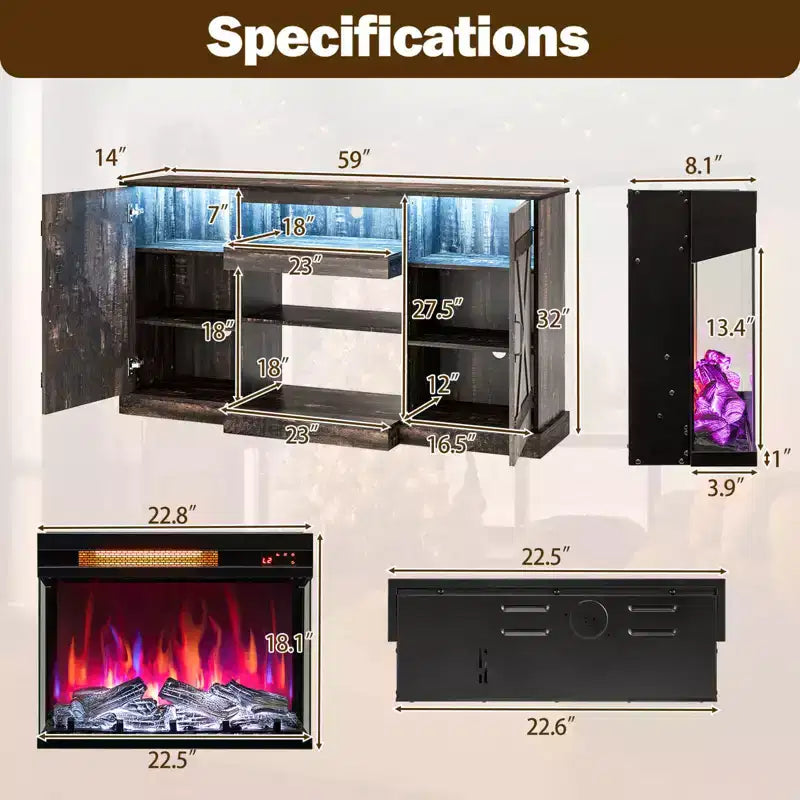 Mobile TV con caminetto elettrico 150 cm, in rovere rustico scuro, con vetro su 3 lati, adatto a TV fino a 65"
