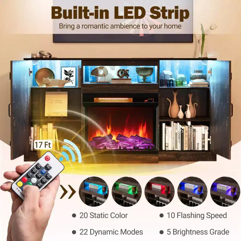 Mobile TV con caminetto elettrico 150 cm, in rovere rustico scuro, con vetro su 3 lati, adatto a TV fino a 65"