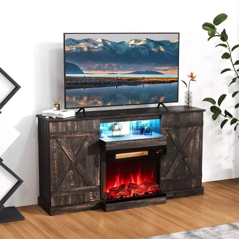 Mobile TV con caminetto elettrico 150 cm, in rovere rustico scuro, con vetro su 3 lati, adatto a TV fino a 65"