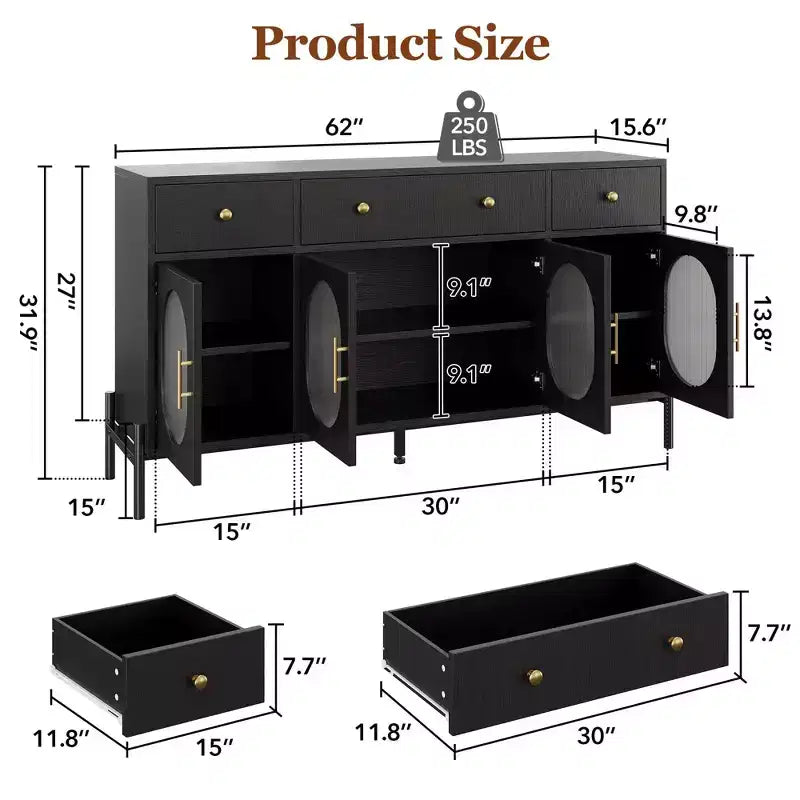 Credenza Buffet da 62", Nero/Naturale, 4 Ante in Vetro e 3 Cassetti