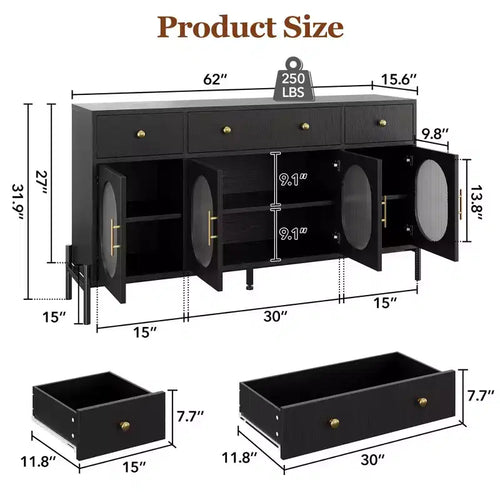 Credenza Buffet da 62", Nero/Naturale, 4 Ante in Vetro e 3 Cassetti