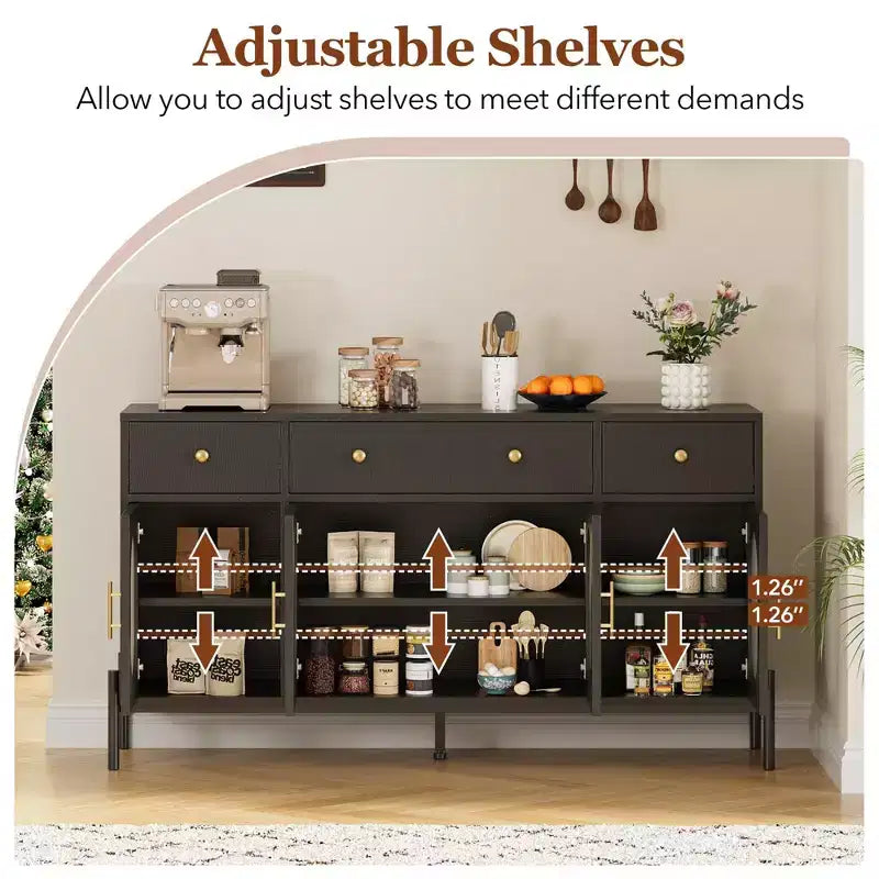 Credenza Buffet da 62", Nero/Naturale, 4 Ante in Vetro e 3 Cassetti