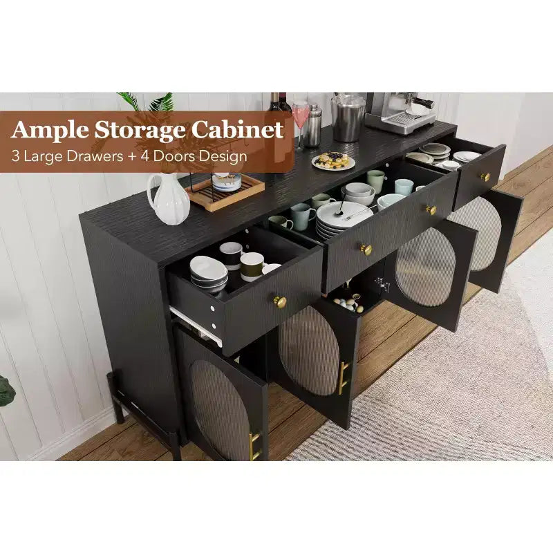 Credenza Buffet da 62", Nero/Naturale, 4 Ante in Vetro e 3 Cassetti