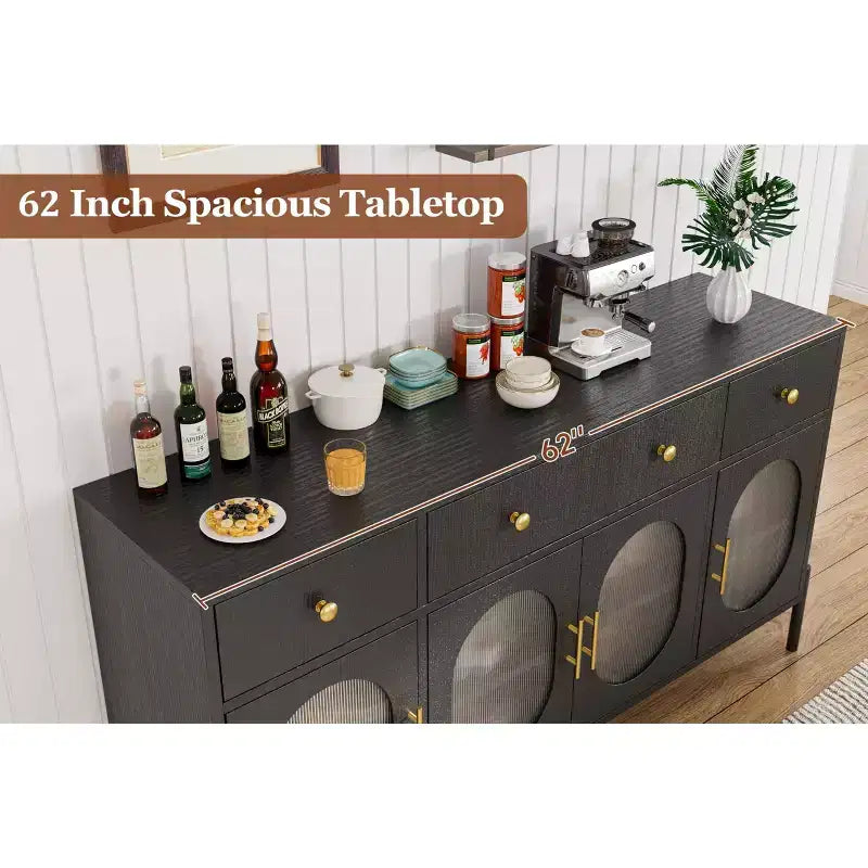 Credenza Buffet da 62", Nero/Naturale, 4 Ante in Vetro e 3 Cassetti