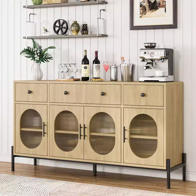Credenza Buffet da 62", Nero/Naturale, 4 Ante in Vetro e 3 Cassetti