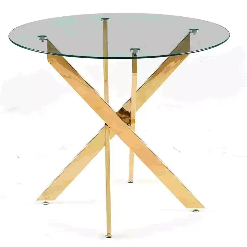 Tavolo da pranzo con piano in vetro oro/grigio e gambe incrociate in metallo, 2-4 posti