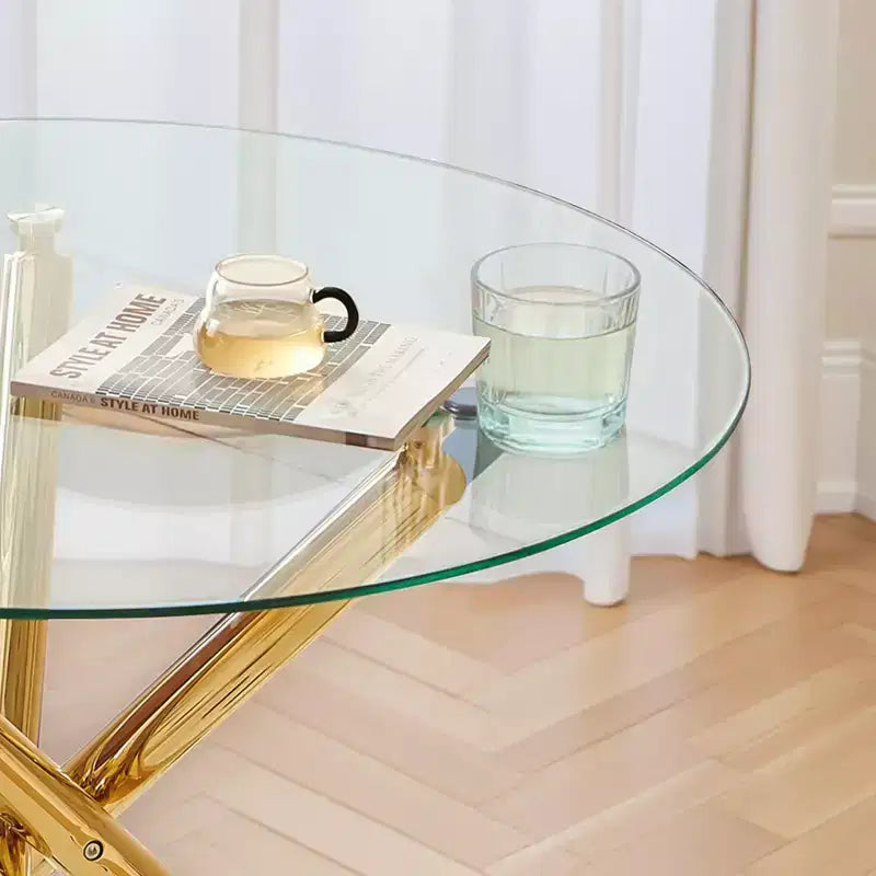 Tavolo da pranzo con piano in vetro oro/grigio e gambe incrociate in metallo, 2-4 posti