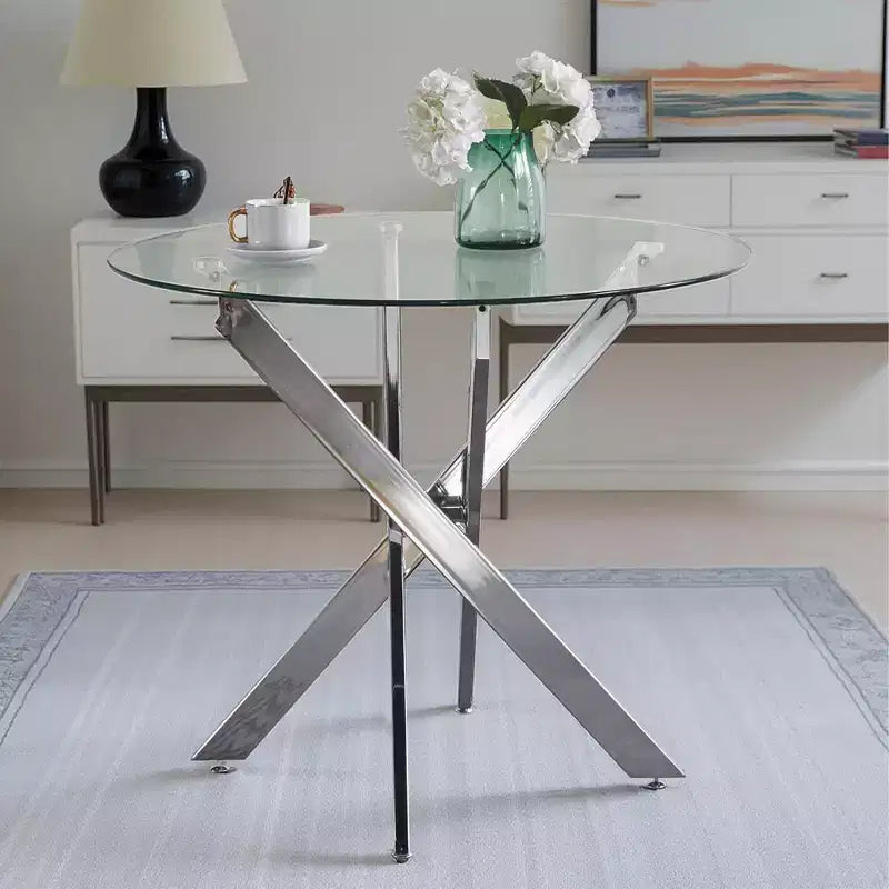 Tavolo da pranzo con piano in vetro oro/grigio e gambe incrociate in metallo, 2-4 posti