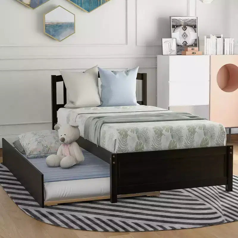 Piattaforma letto gemella con rotelle, Espresso/Grigio/Noce/Bianco, per 2 persone