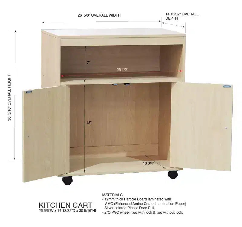 Carrello da Cucina a 2 Ante con Ripiano Aperto, Faggio/Bianco, Utente Singolo