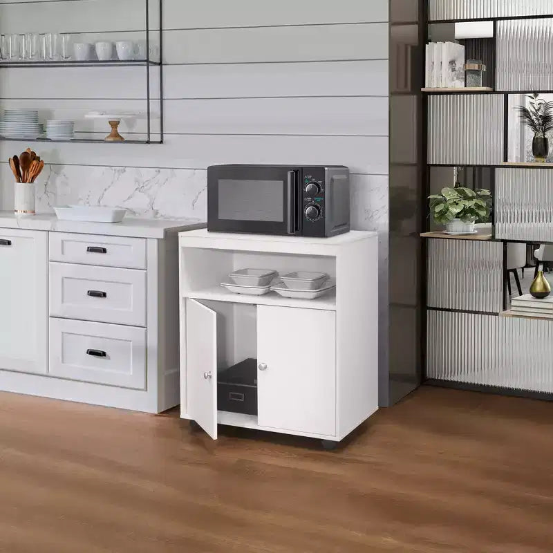 Carrello da Cucina a 2 Ante con Ripiano Aperto, Faggio/Bianco, Utente Singolo