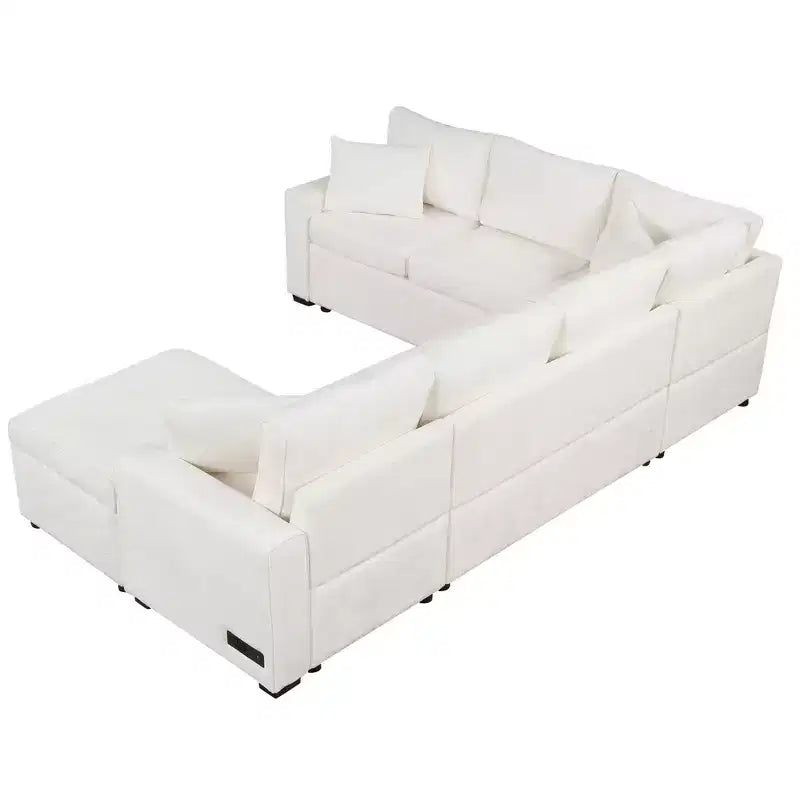 Divano letto componibile moderno crema/grigio con pouf contenitore – 6 posti a sedere