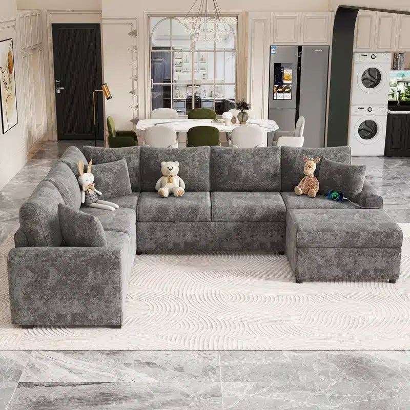 Divano letto componibile moderno crema/grigio con pouf contenitore – 6 posti a sedere