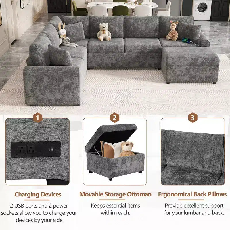 Divano letto componibile moderno crema/grigio con pouf contenitore – 6 posti a sedere