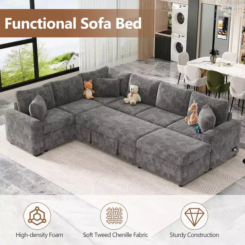 Divano letto componibile moderno crema/grigio con pouf contenitore – 6 posti a sedere