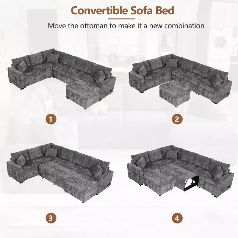 Divano letto componibile moderno crema/grigio con pouf contenitore – 6 posti a sedere