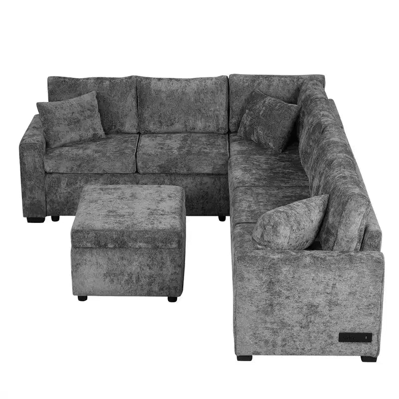 Divano letto componibile moderno crema/grigio con pouf contenitore – 6 posti a sedere
