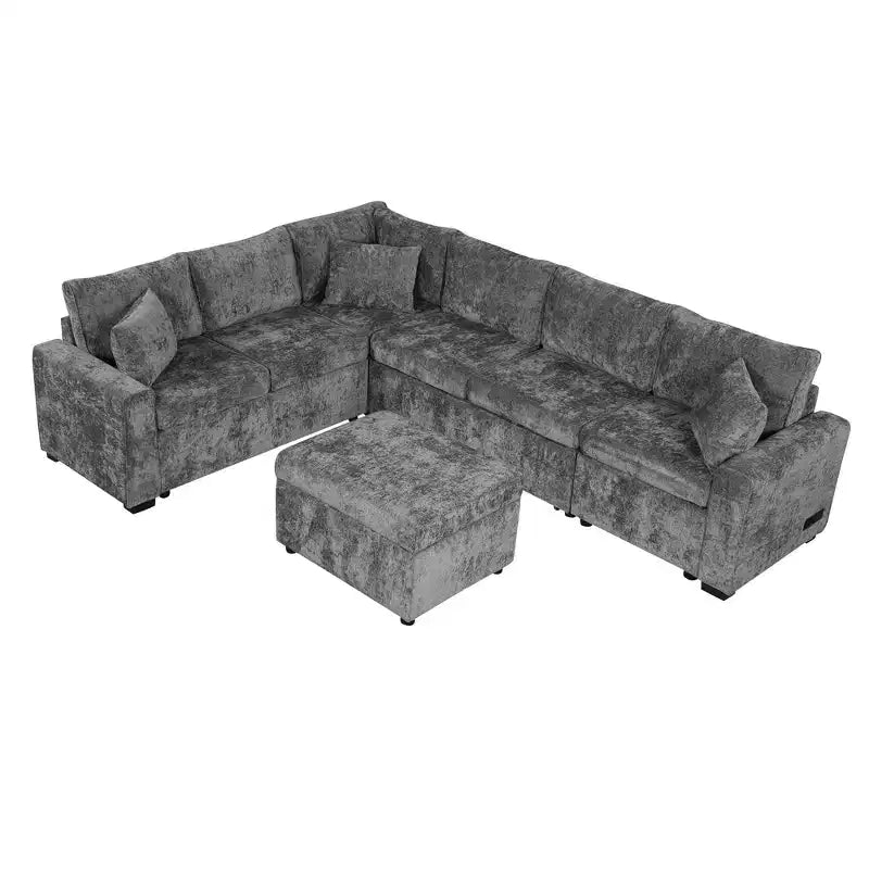 Divano letto componibile moderno crema/grigio con pouf contenitore – 6 posti a sedere