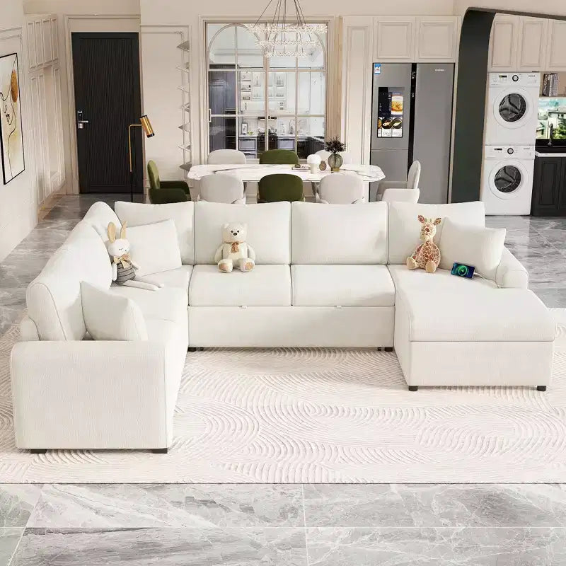 Divano letto componibile moderno crema/grigio con pouf contenitore – 6 posti a sedere