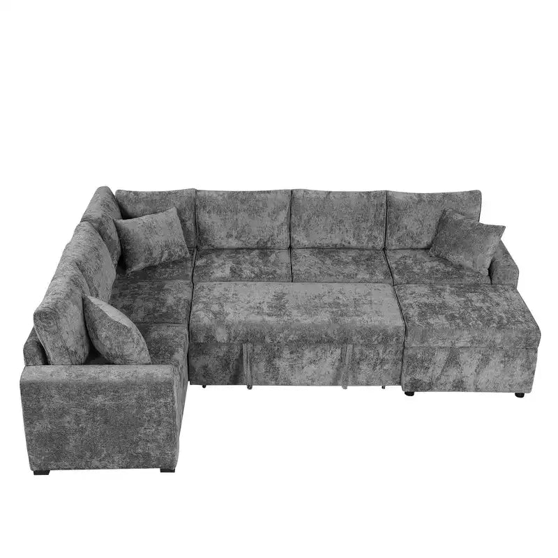 Divano letto componibile moderno crema/grigio con pouf contenitore – 6 posti a sedere