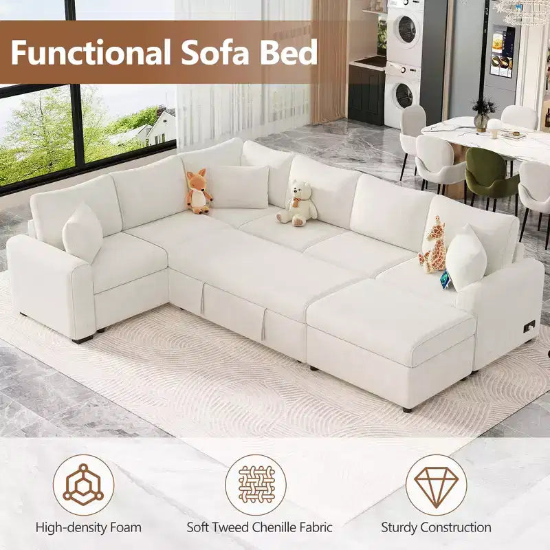 Divano letto componibile moderno crema/grigio con pouf contenitore – 6 posti a sedere
