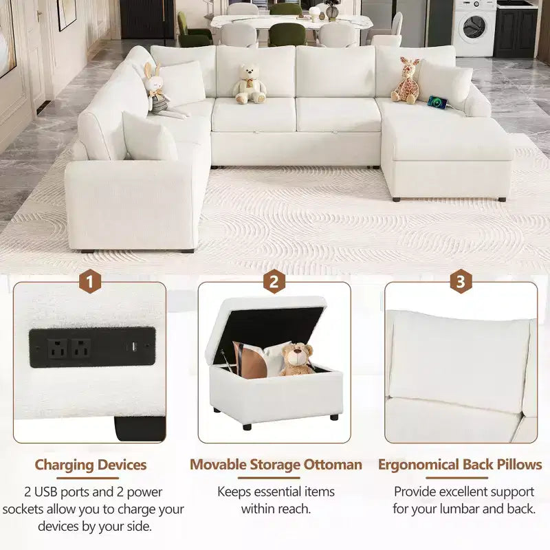 Divano letto componibile moderno crema/grigio con pouf contenitore – 6 posti a sedere