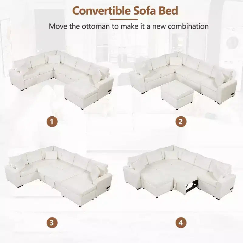 Divano letto componibile moderno crema/grigio con pouf contenitore – 6 posti a sedere