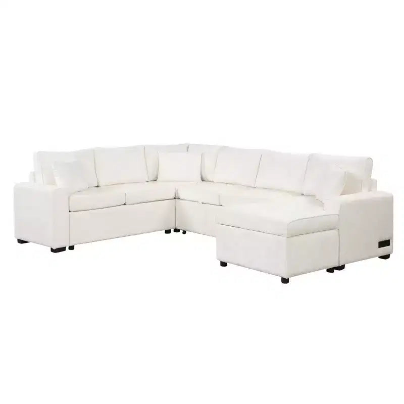 Divano letto componibile moderno crema/grigio con pouf contenitore – 6 posti a sedere