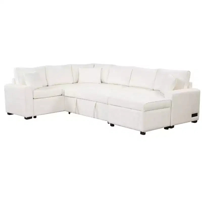 Divano letto componibile moderno crema/grigio con pouf contenitore – 6 posti a sedere