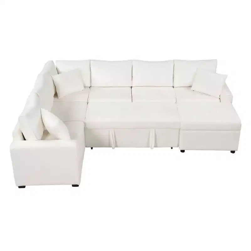 Divano letto componibile moderno crema/grigio con pouf contenitore – 6 posti a sedere