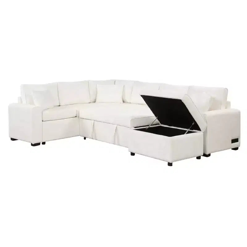 Divano letto componibile moderno crema/grigio con pouf contenitore – 6 posti a sedere