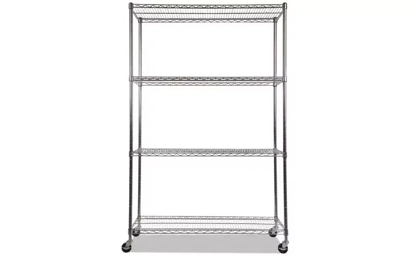 Scaffale a 4 ripiani in filo metallico color argento con rotelle (montaggio per 1 persona)