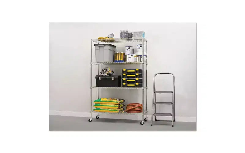 Scaffale a 4 ripiani in filo metallico color argento con rotelle (montaggio per 1 persona)