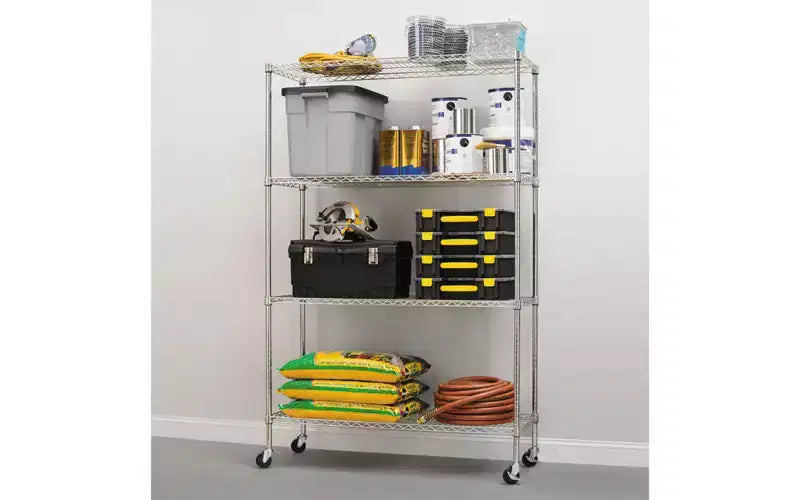 Scaffale a 4 ripiani in filo metallico color argento con rotelle (montaggio per 1 persona)
