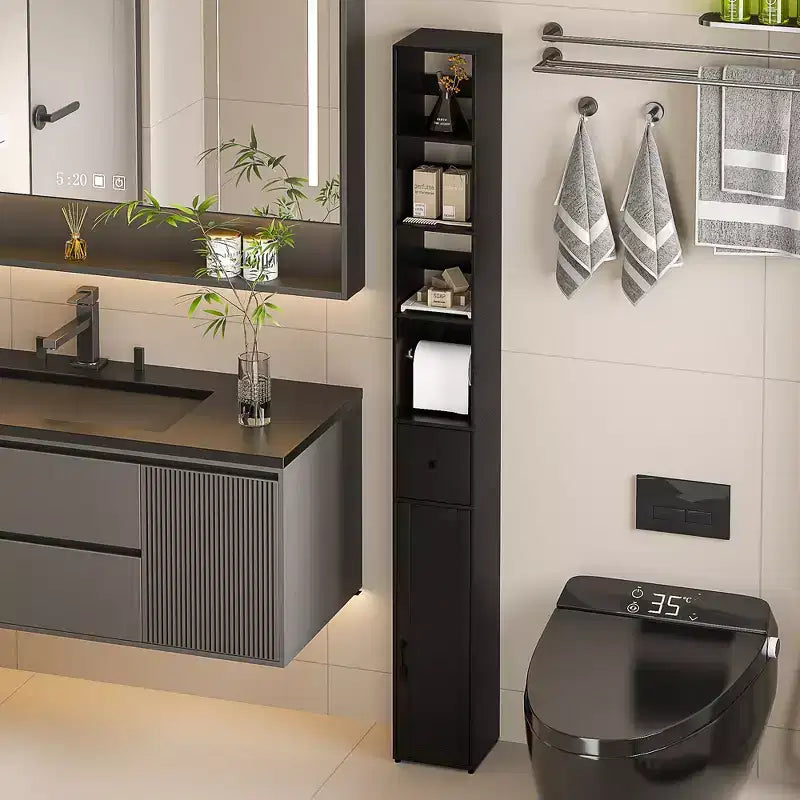 Mobiletto salvaspazio da bagno nero, alto e stretto, con ripiani regolabili e cassetto, per uso singolo