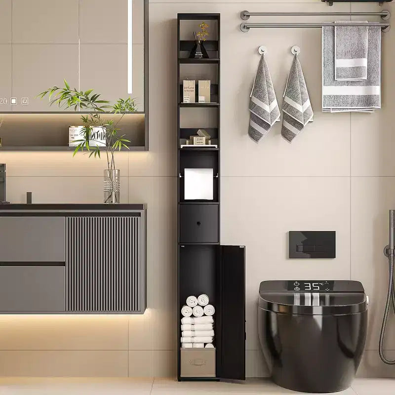 Mobiletto salvaspazio da bagno nero, alto e stretto, con ripiani regolabili e cassetto, per uso singolo