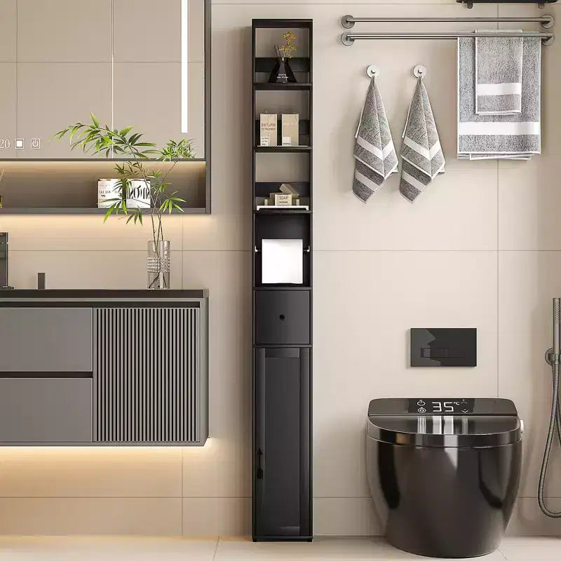 Mobiletto salvaspazio da bagno nero, alto e stretto, con ripiani regolabili e cassetto, per uso singolo