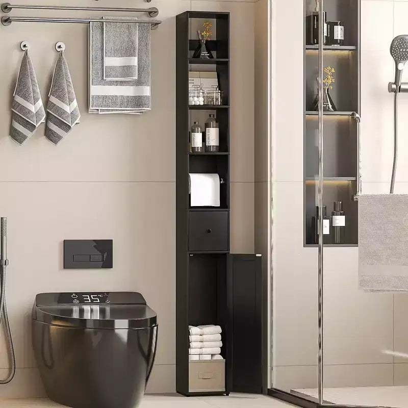 Mobiletto salvaspazio da bagno nero, alto e stretto, con ripiani regolabili e cassetto, per uso singolo