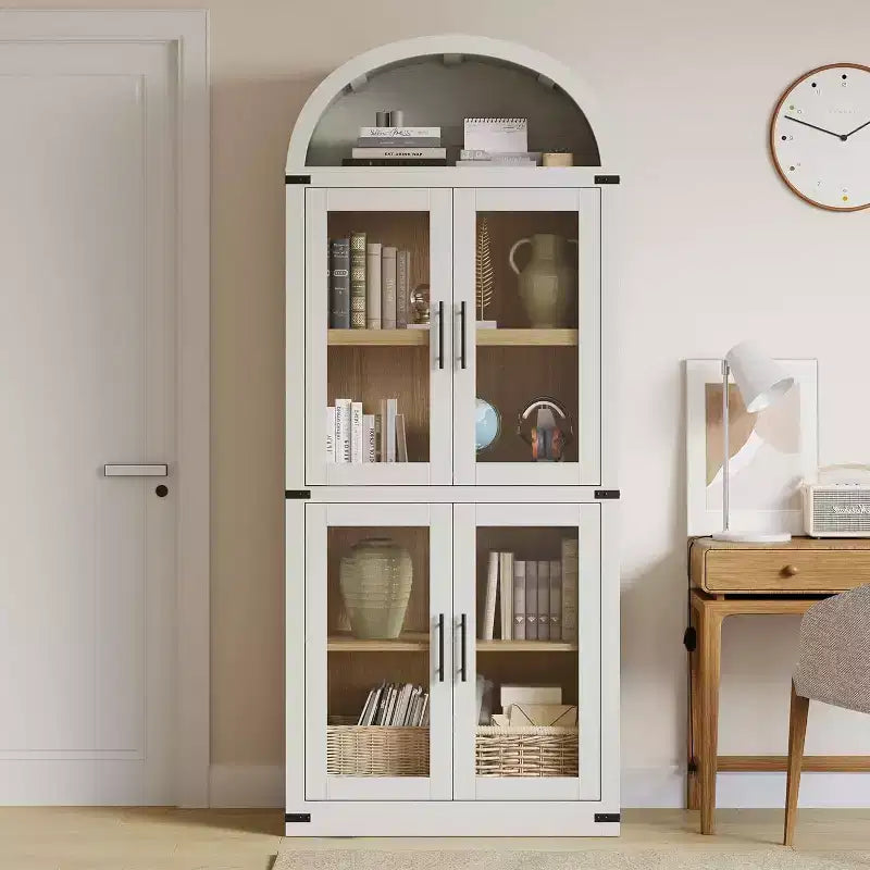 71.4in Tall Wooden Arched Bookshelf with Doors Farmhouse Rounded Bookcases for Living Room, Kitchen, Office (White)
