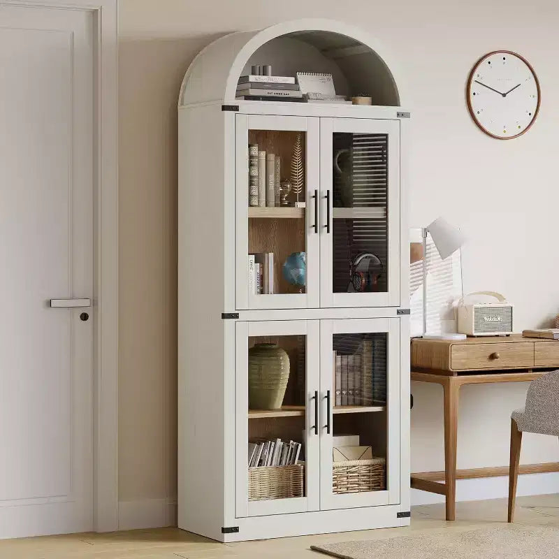 Libreria ad arco bianca con ante in vetro, stile rustico, monoposto