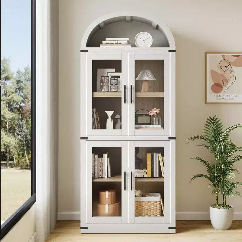 Libreria ad arco bianca con ante in vetro, stile rustico, monoposto