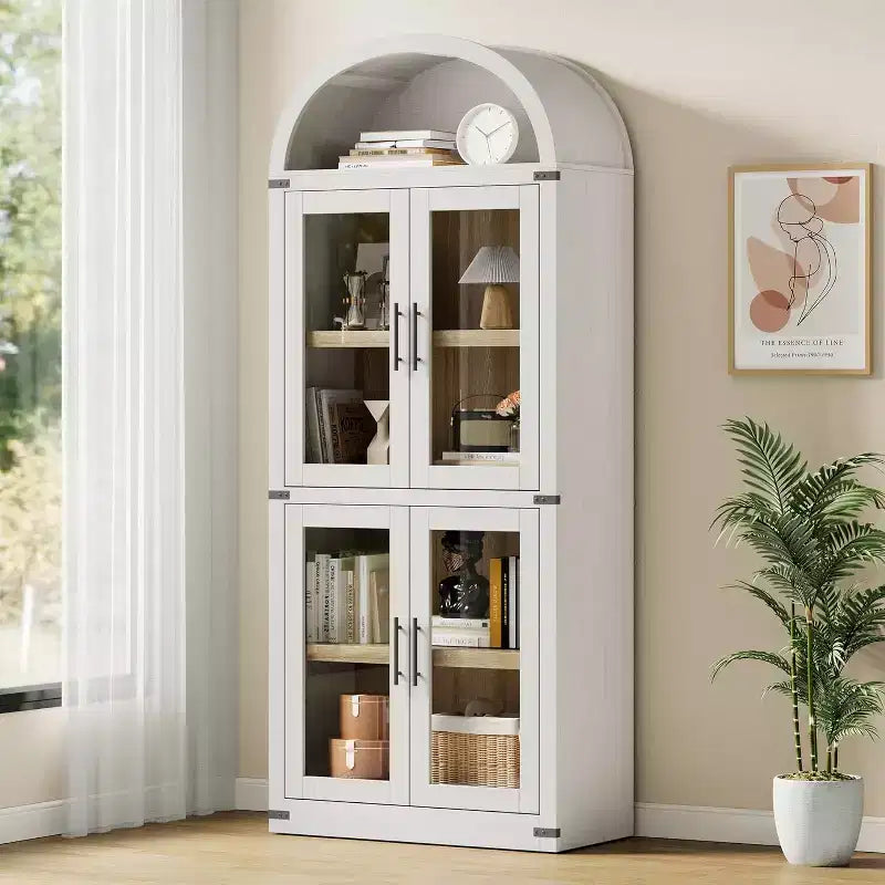 Libreria ad arco bianca con ante in vetro, stile rustico, monoposto