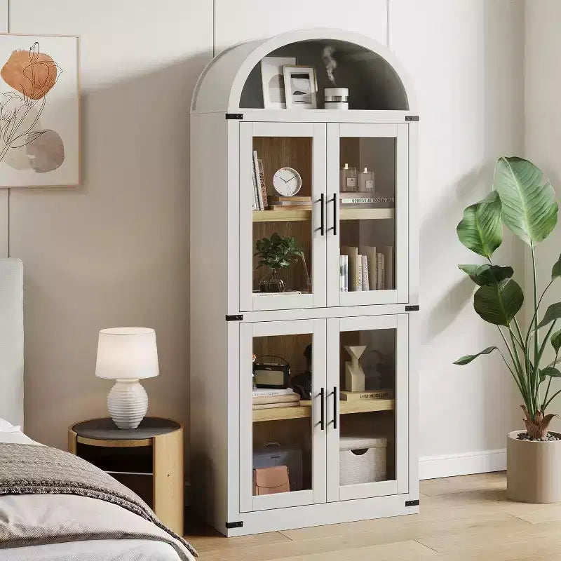 Libreria ad arco bianca con ante in vetro, stile rustico, monoposto