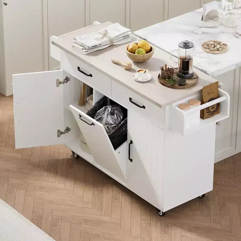 White Kitchen Island with Trash Can Storage Cabinet Kitchen Cart on Wheels with Drop Leaf Rolling and Adjustable Shelf