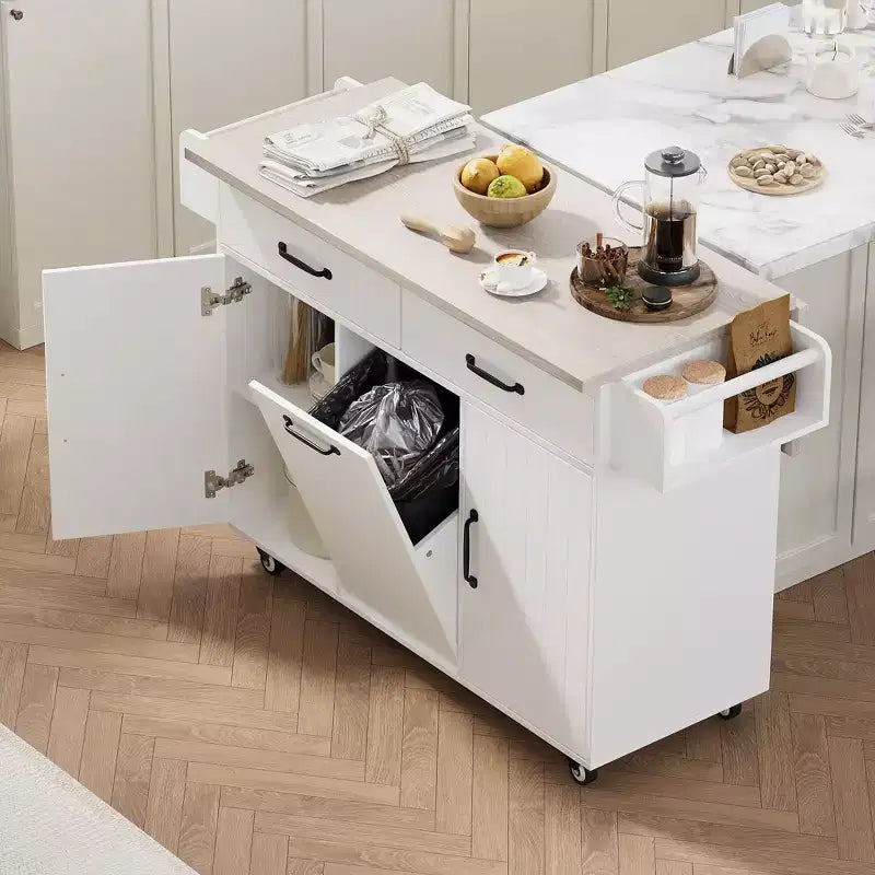 Carrello da cucina con isola grigio e bianco con anta a ribalta, pattumiera e contenitore