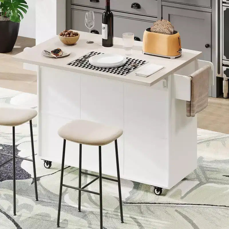 Carrello da cucina con isola grigio e bianco con anta a ribalta, pattumiera e contenitore