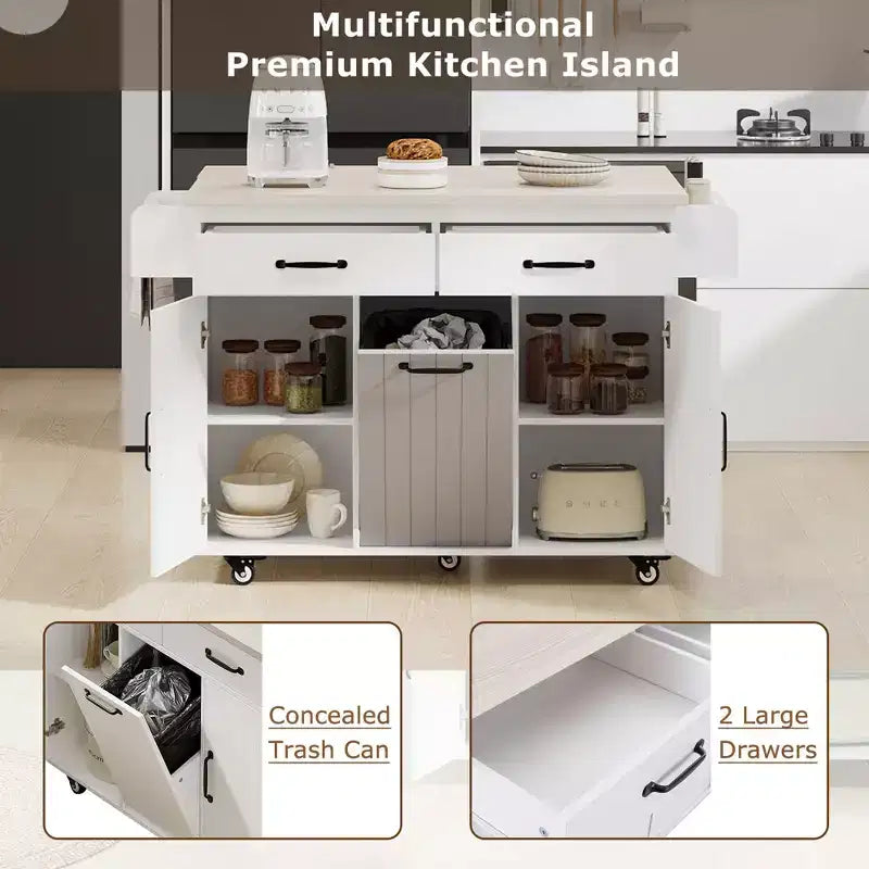 Carrello da cucina con isola grigio e bianco con anta a ribalta, pattumiera e contenitore